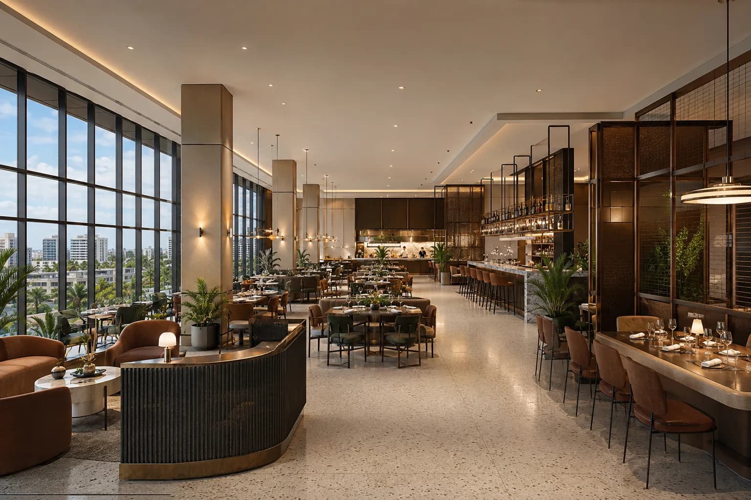 Second-floor restaurant and bar concept fit-out at Alam Business Center with panoramic glazing over Kampala