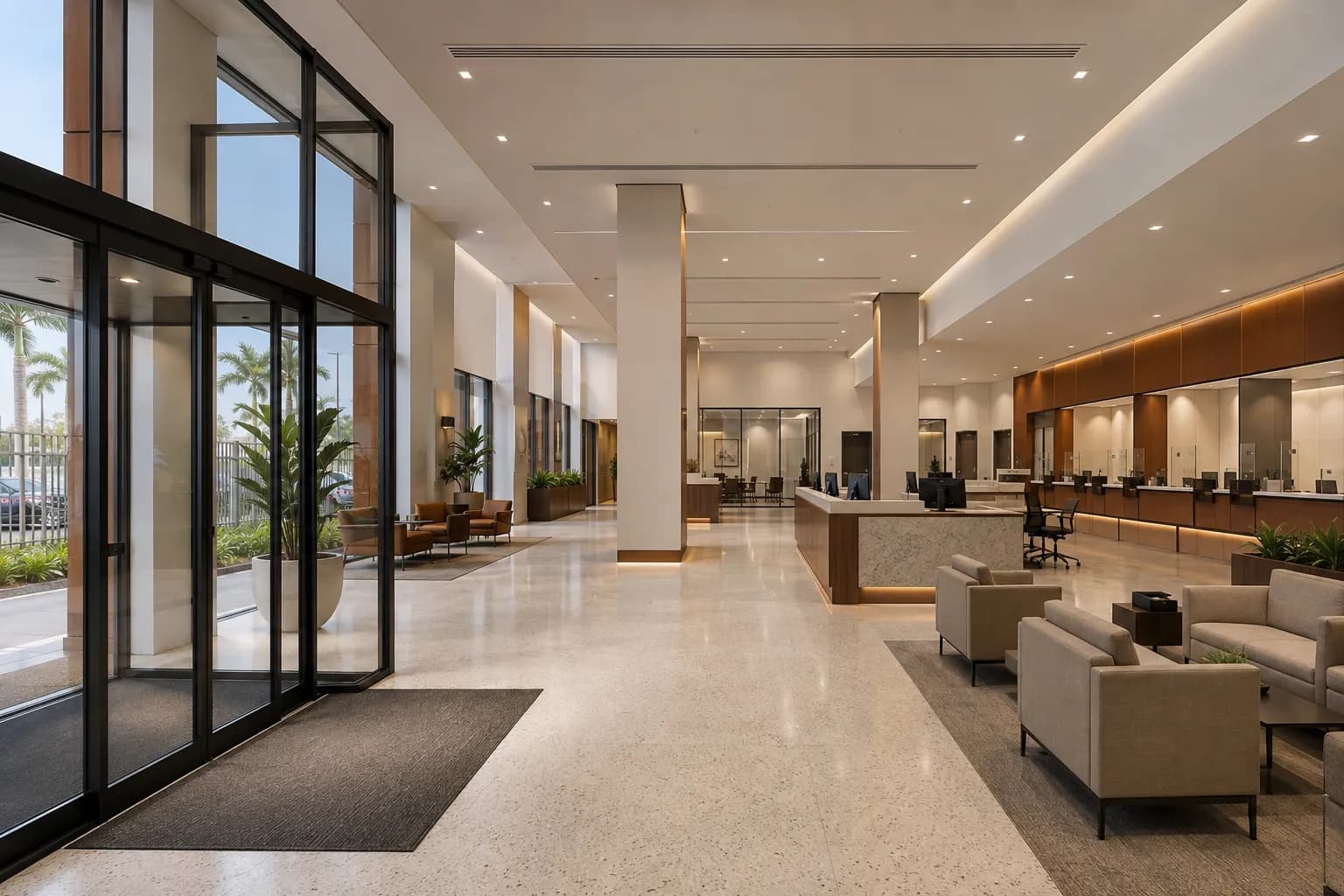 Unit 7 at Alam Business Center fitted as a bank branch with a teller line, waiting lounge and private meeting rooms